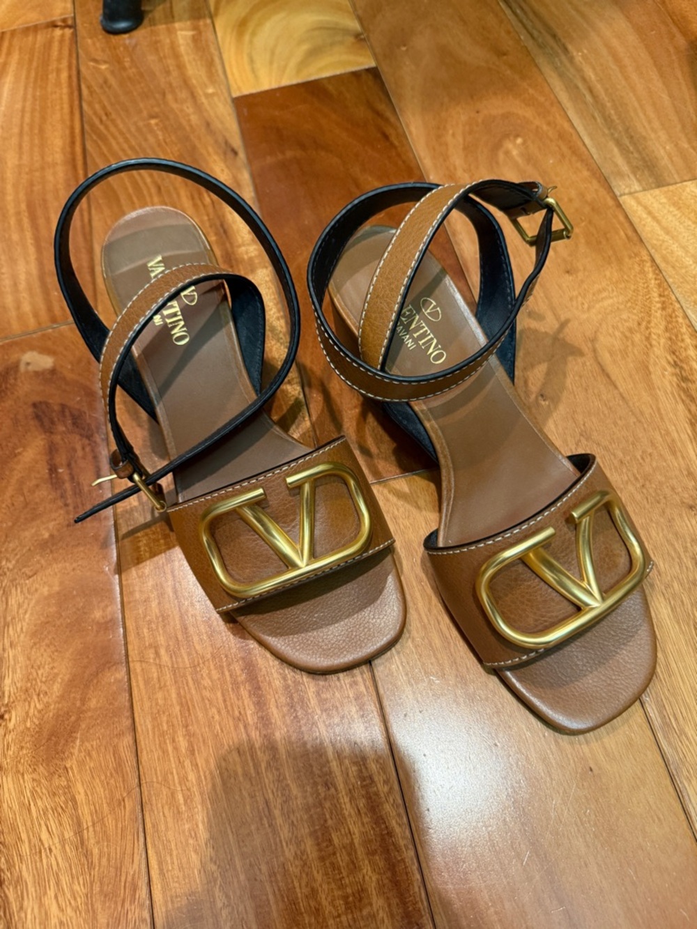 Valentino Brown and Black VLogo Leather Sandals